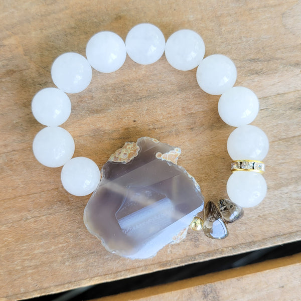 Quartz beads Rough/smooth Druzy Agate center w Labradorite nuggets stretch bracelet