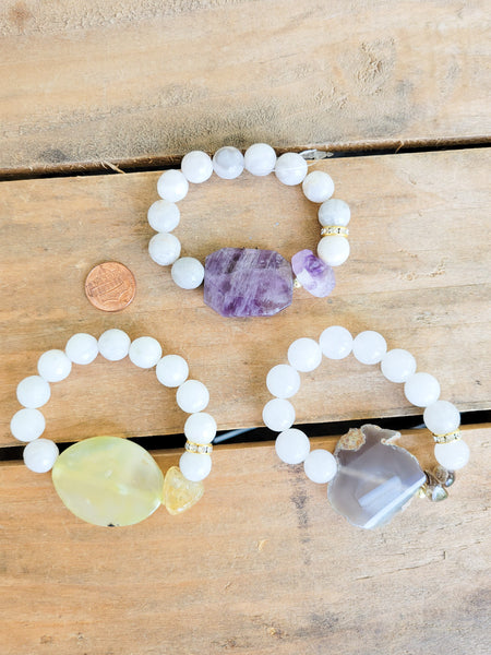 Opal gemstone beads yellow agate center w/ citrine nugget stretch bracelet