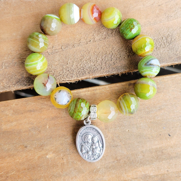 Celedon agate beads St. Joseph medal stretch bracelet