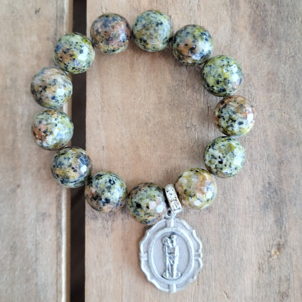 14mm kiwi jasper gemstone beads detailed St. Christopher medal stretch bracelet
