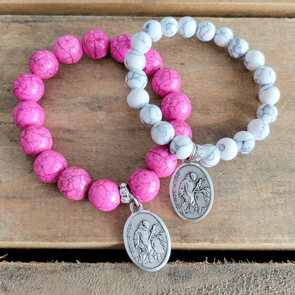 Howlite beads pink 12mm White 8mm St. John of God medal stretch bracelets