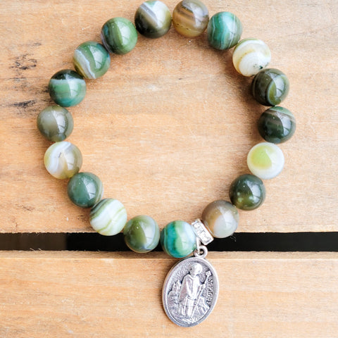 green striped agate w St. Patrick medal stretch bracelet
