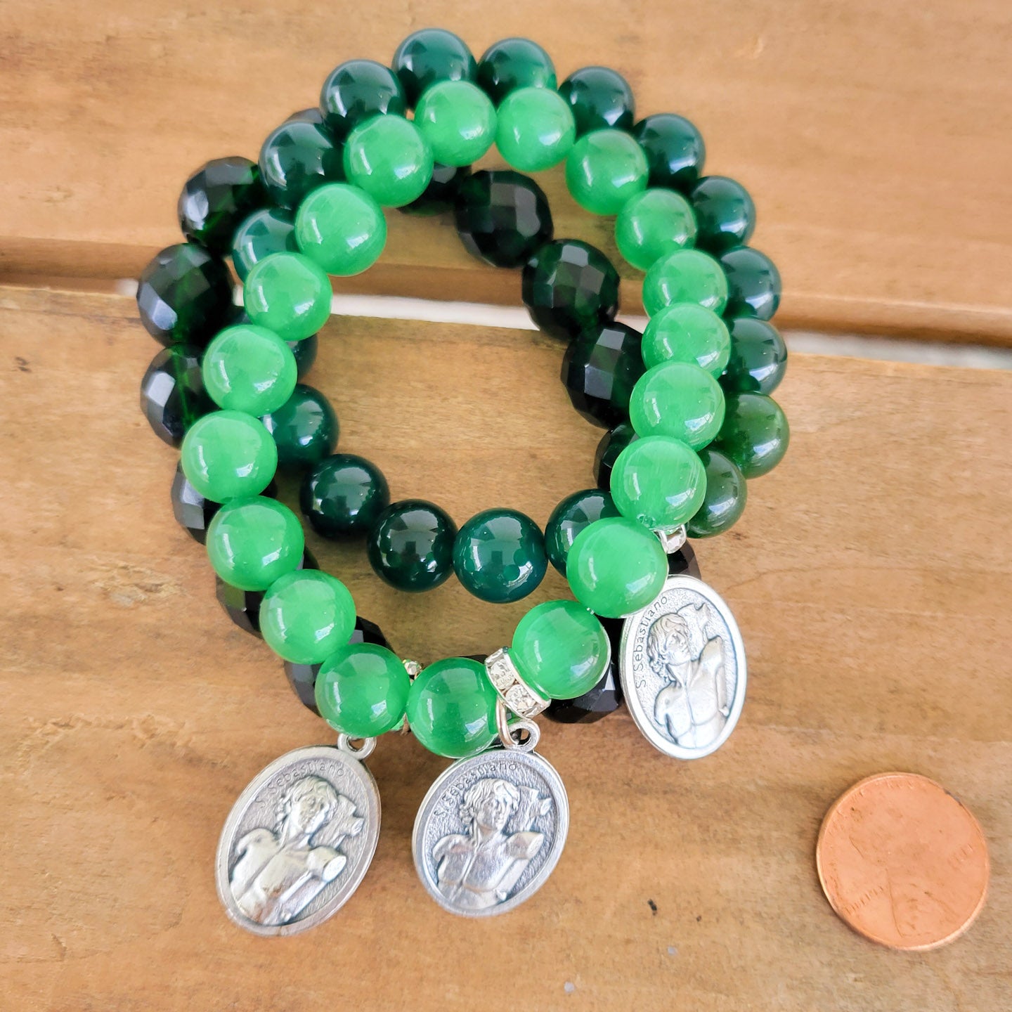 St Sebastian Athletes Green beads stretch bracelets