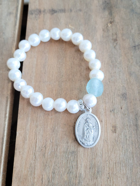 natural freshwater pearls 1 recycled glass prayer bead Stella Maris medal stretch bracelet