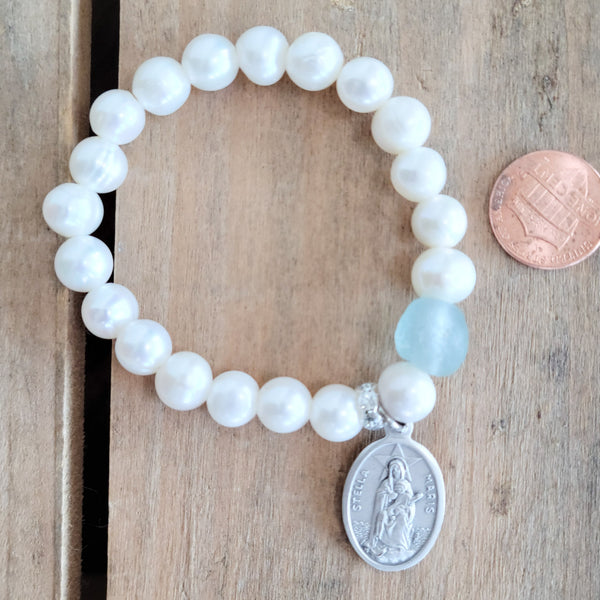 natural freshwater pearls 1 recycled glass prayer bead Stella Maris medal stretch bracelet