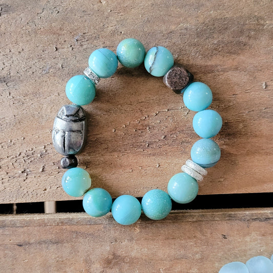 Silver Scarab turq. agate wood mix 12mm stretch bracelet