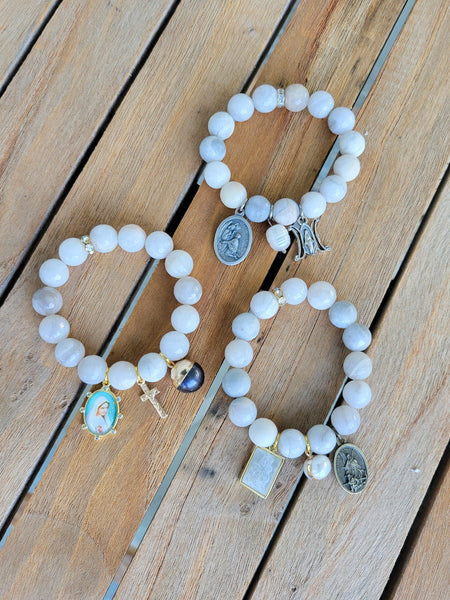 12mm lacey agate beads triple medals freshwater pearl stretch bracelets