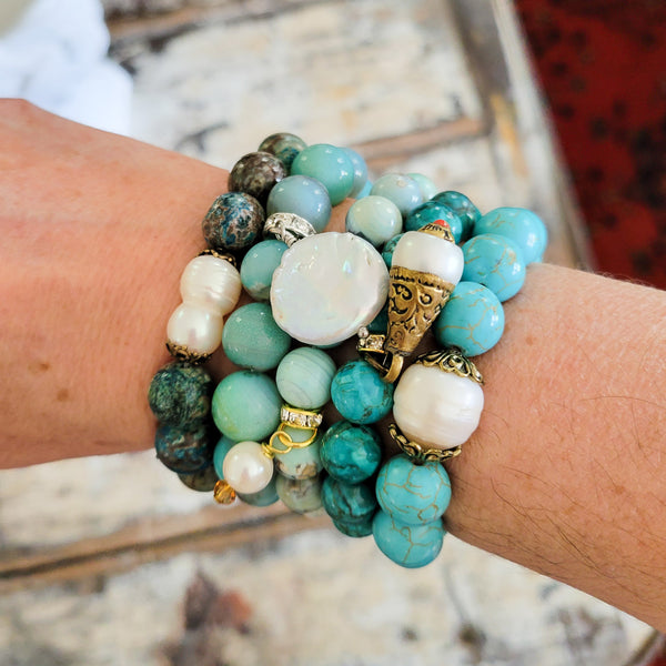 Turquoise color gemstone bead & fw pearl stretch bracelets