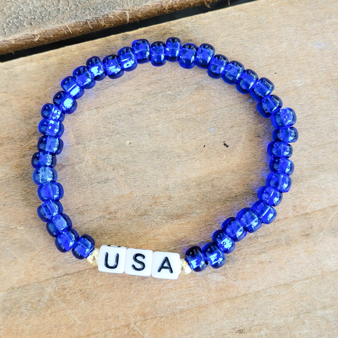 6mm Blue Czech beads with USA letter beads 14kt beads