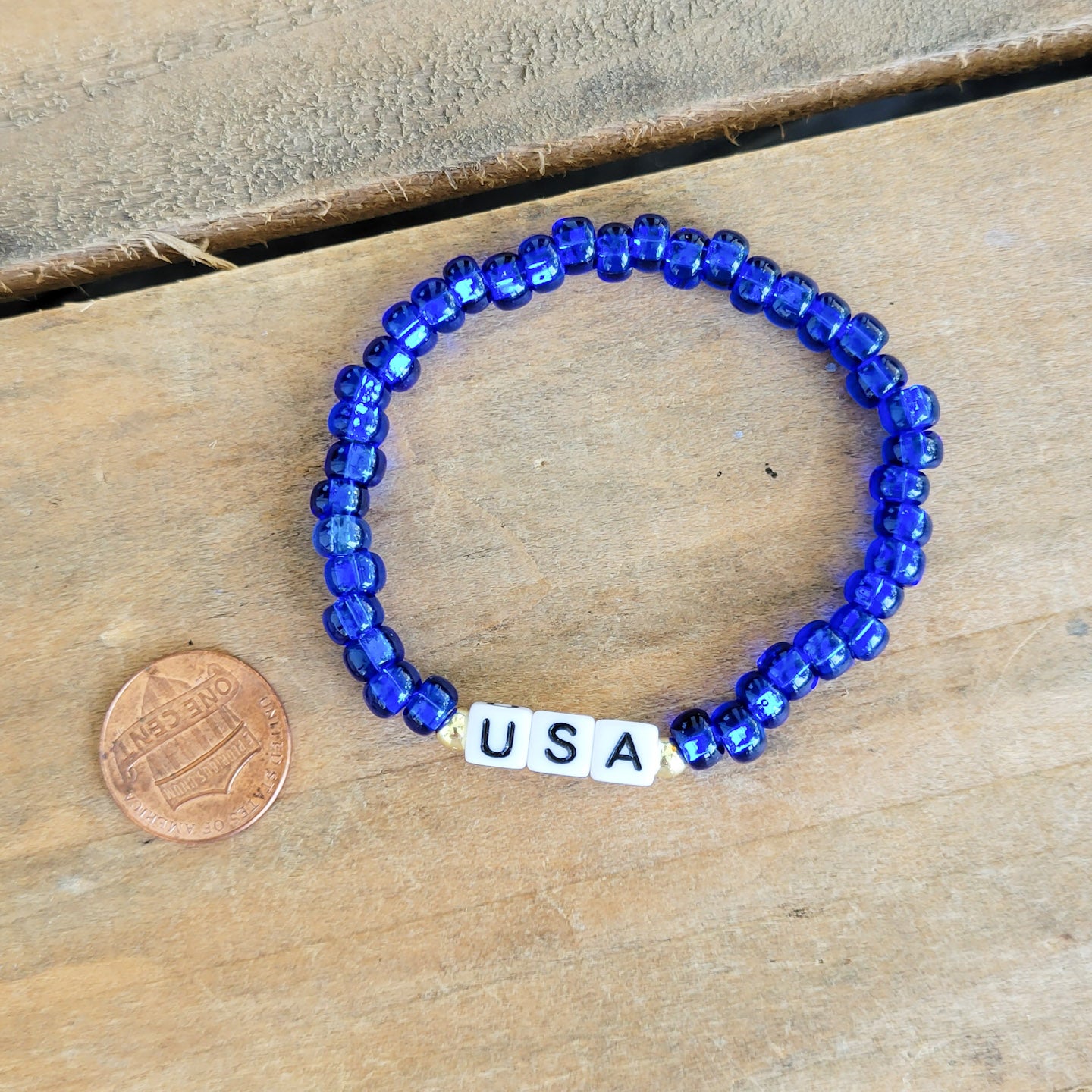 6mm Blue Czech beads with USA letter beads 14kt beads