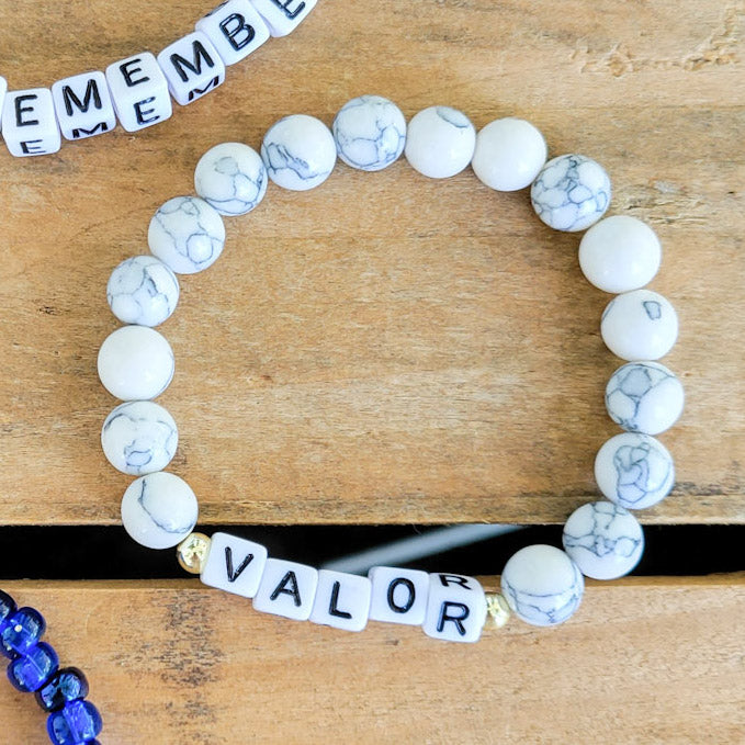 VALOR white howlite & letter stretch bead bracelet