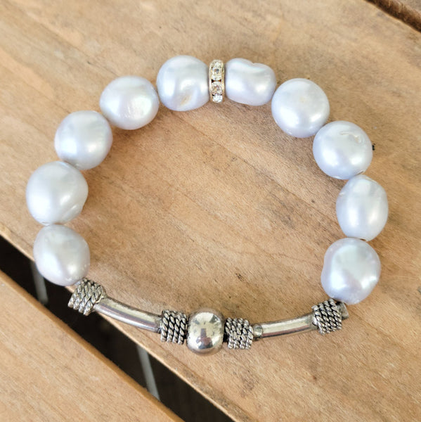 12mm grey freshwater pearls vintage silver bar stretch bracelet