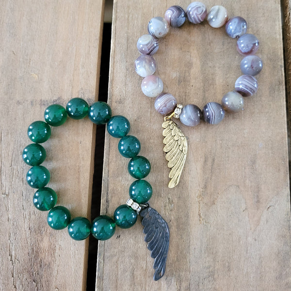 12mm agate beads w/ wing charms stretch bracelets