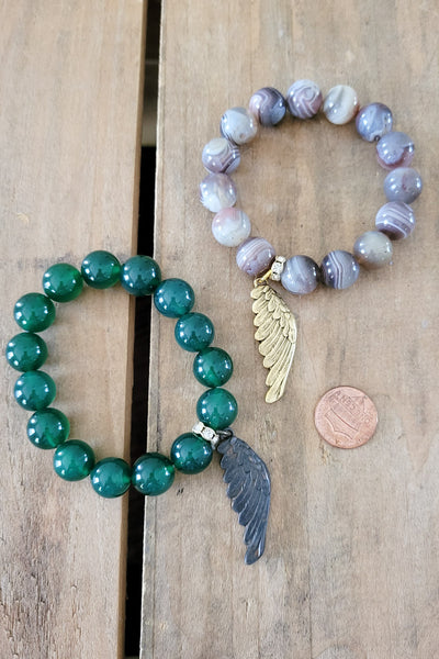 12mm agate beads w/ wing charms stretch bracelets
