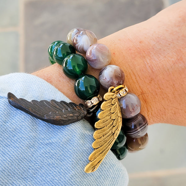 12mm agate beads w/ wing charms stretch bracelets