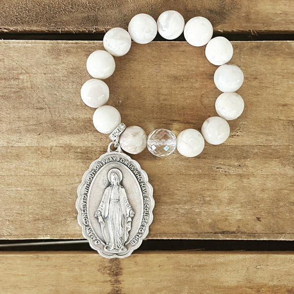 protection bracelet by Marinella jewelry 14mm white crazy lace agate 14mm Czech prayer bead XL 2" tall miraculous St. Mary medal