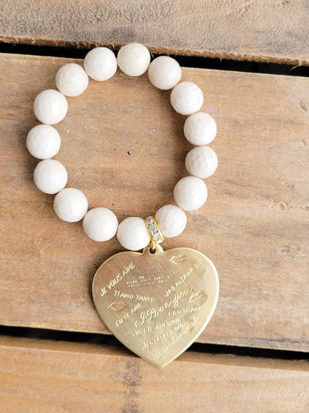 12mm cream agate beads XL vintage brass Heart charm w I Love You stamped in many languages