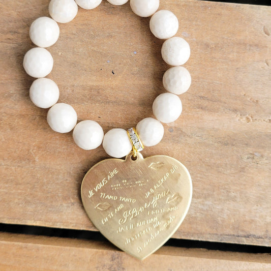 12mm cream agate beads XL vintage brass Heart charm w I Love You stamped in many languages