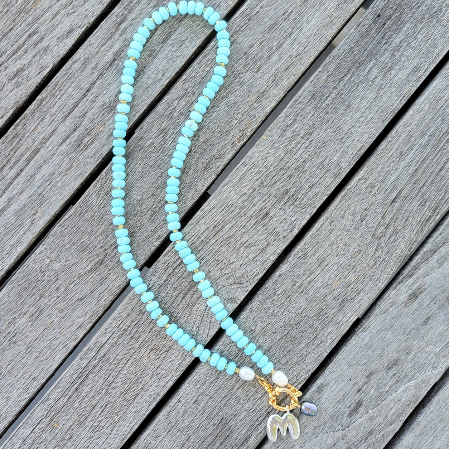 turquoise bone beads charm clasp bubble initial freshwater pearls necklace