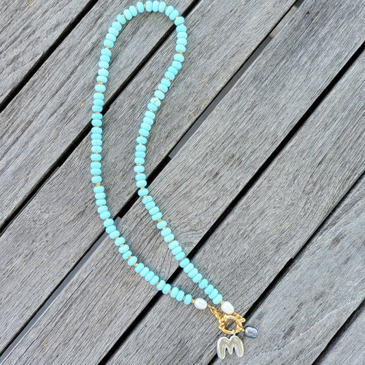 turquoise bone beads charm clasp bubble initial freshwater pearls necklace