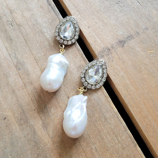 freshwater blister pearl and rhinestone earrings
