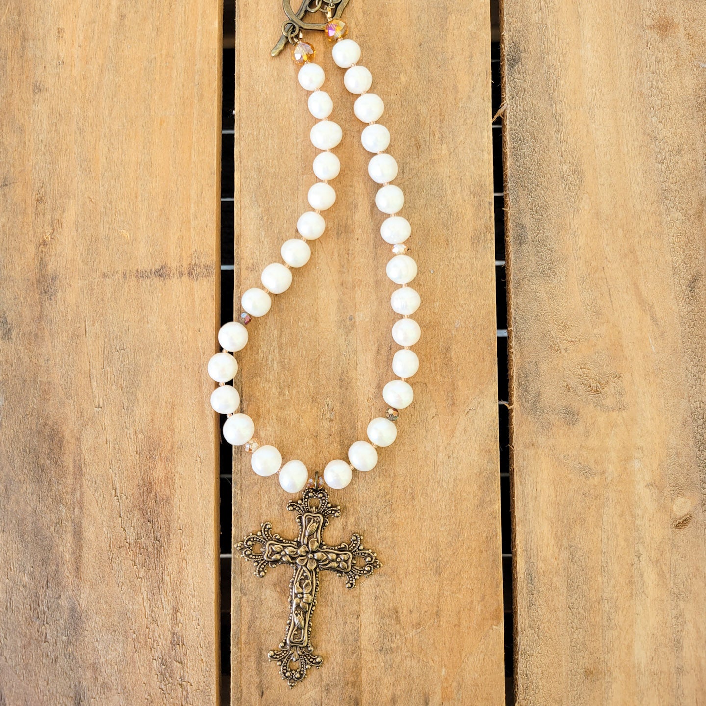 freshwater pearls, Swarovski crystal & Vintage brass cross necklace