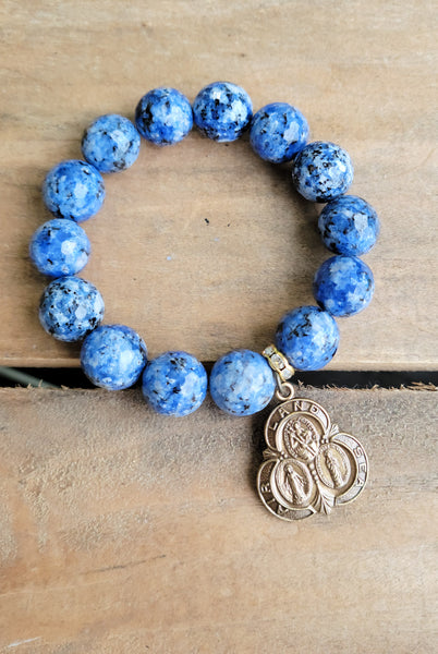 14mm blue Kiwi Jasper beads 24mm Vintage religious medal