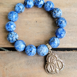 14mm blue Kiwi Jasper beads 24mm Vintage religious medal