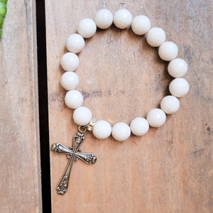 10mm cream agate beads with vintage brass cross