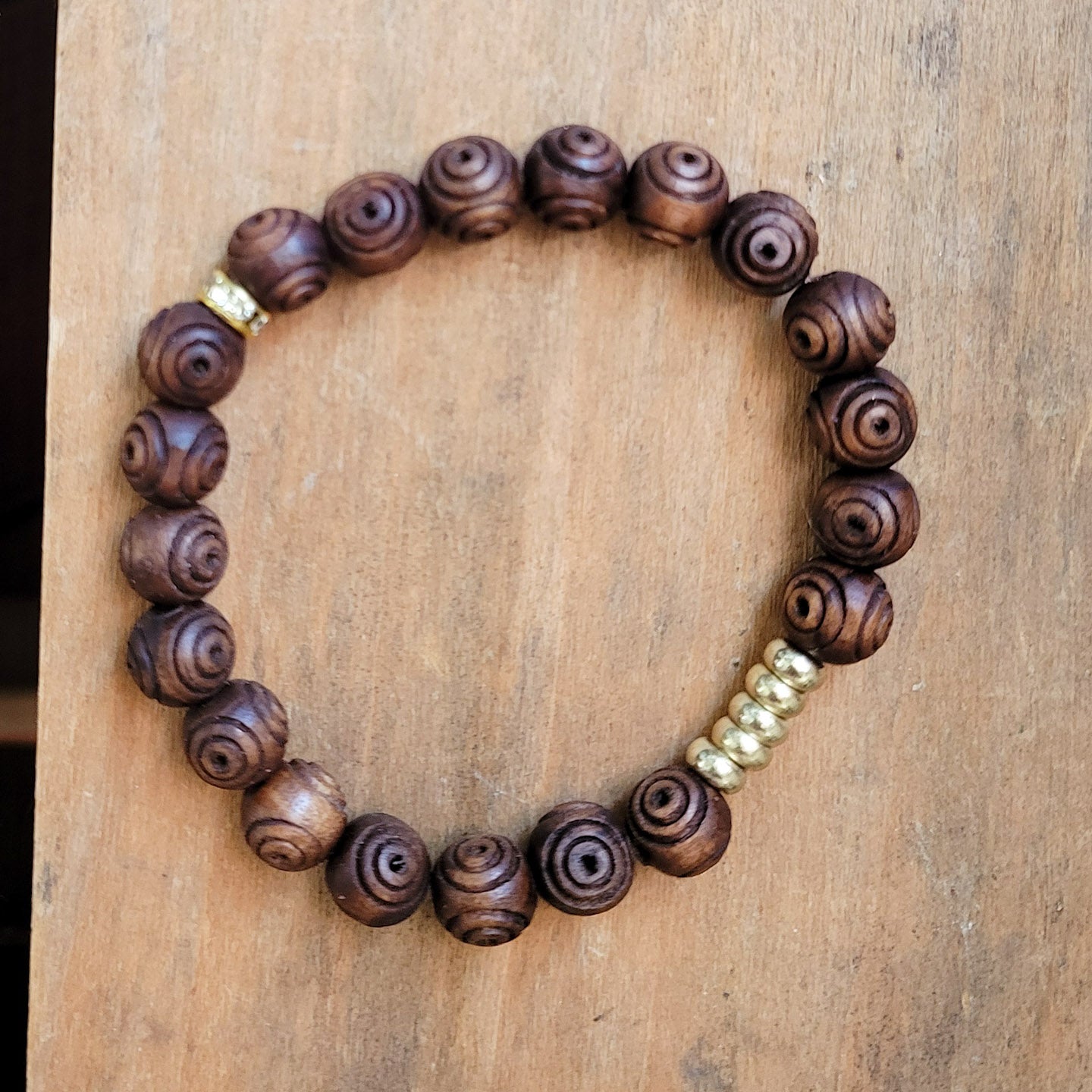 8mm carved wood and brass beads stretch bracelet