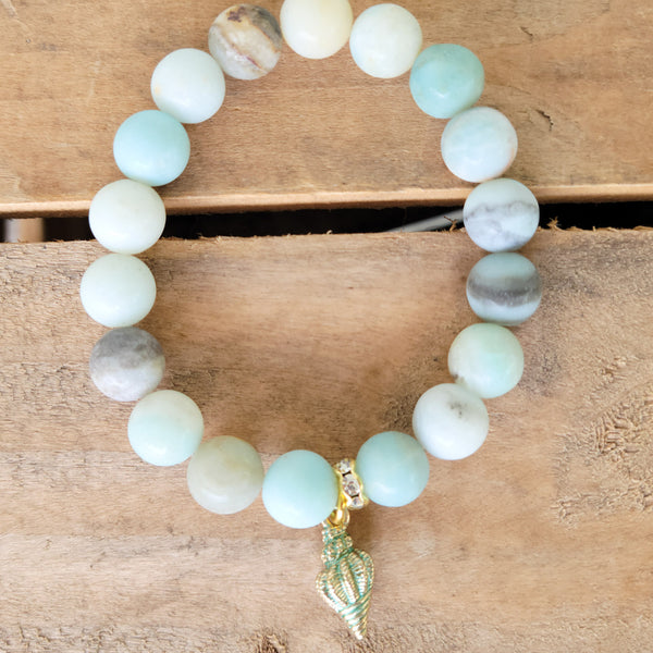 enamel blue shell charm on amazonite gemstone beads stretch bracelet