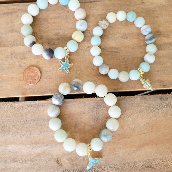 enamel blue shell, starfish, whale tail charms on amazonite gemstone beads stretch bracelets