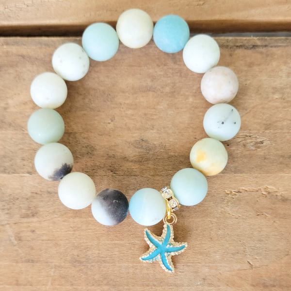 enamel blue starfish charm on amazonite gemstone beads stretch bracelet