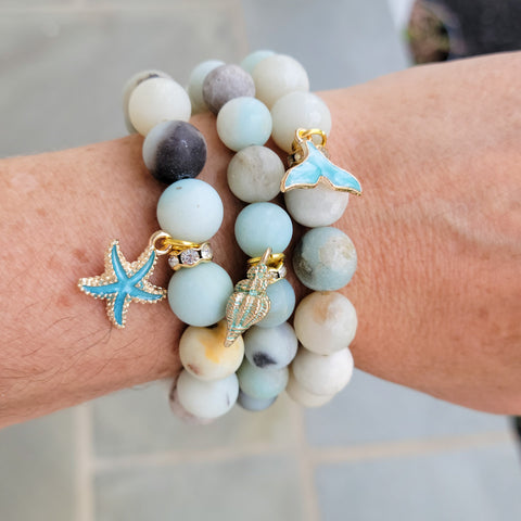 enamel blue shell, starfish, whale tail charms on amazonite gemstone beads stretch bracelets