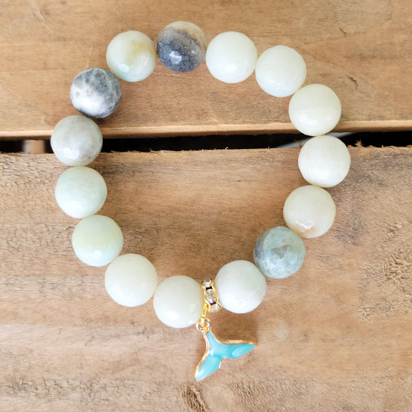 enamel blue whale tail charm on amazonite gemstone beads stretch bracelet