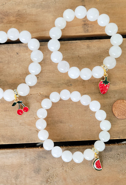 white quartz beads enamel red fruit charms stretch bracelets