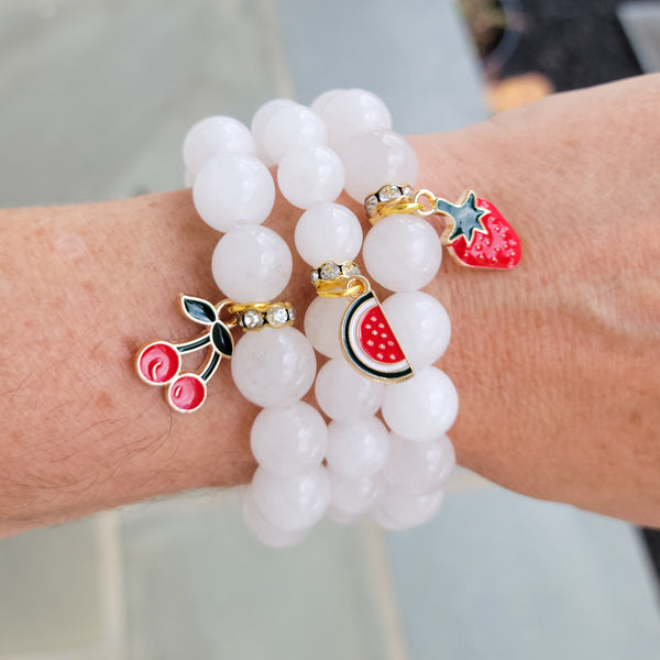 white quartz beads enamel red fruit charms stretch bracelets