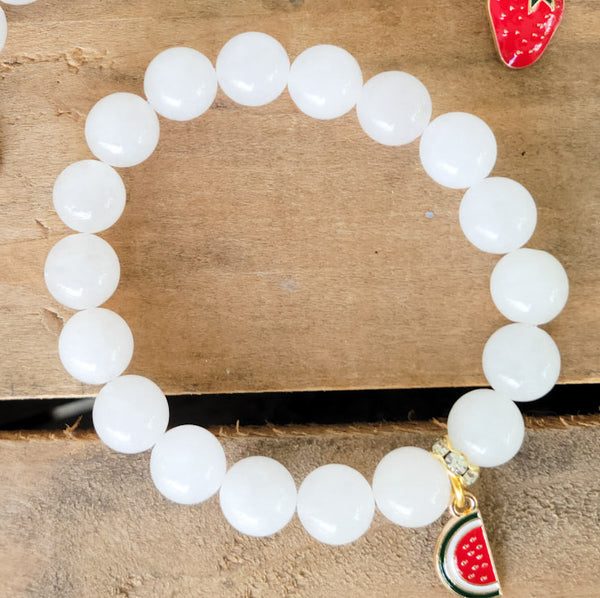 white quartz beads enamel red watermelon charm stretch bracelet