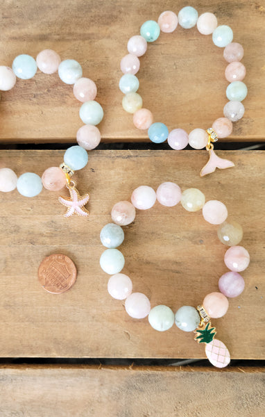 enamel pink pineapple, starfish, whale tail charms on morganite gemstone beads stretch bracelets