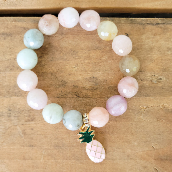 enamel pink pineapple charm on morganite gemstone beads stretch bracelet