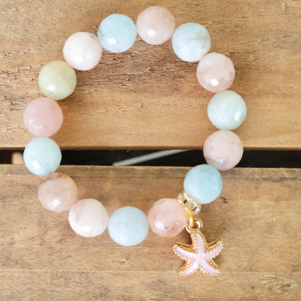 enamel pink starfish charm on morganite gemstone beads stretch bracelet
