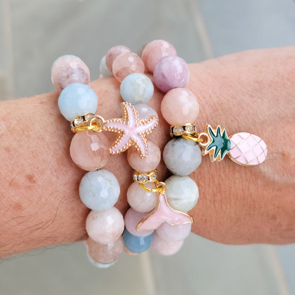 enamel pink pineapple, starfish, whale tail charms on morganite gemstone beads stretch bracelets