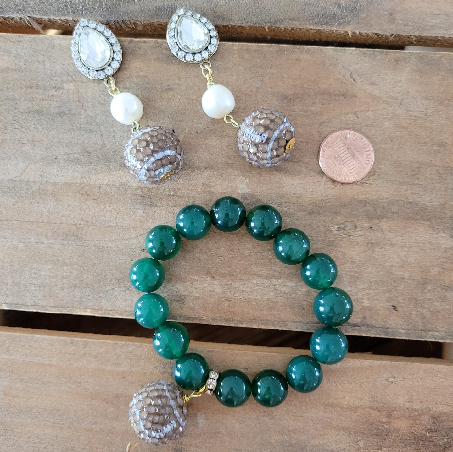 Fancy Fan earrings rhinestones, bubble footballs and freshwater pearls