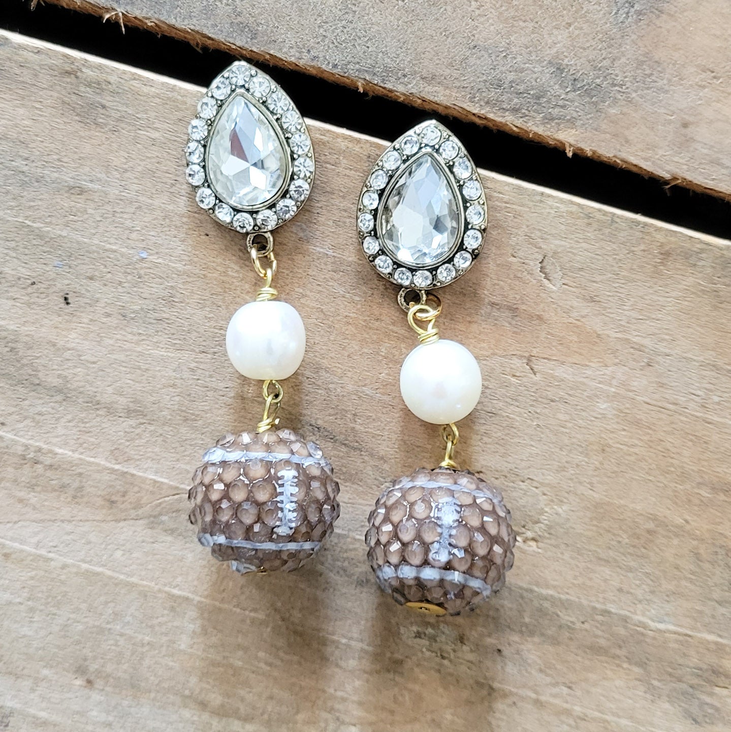 Fancy Fan earrings rhinestones, bubble footballs and freshwater pearls