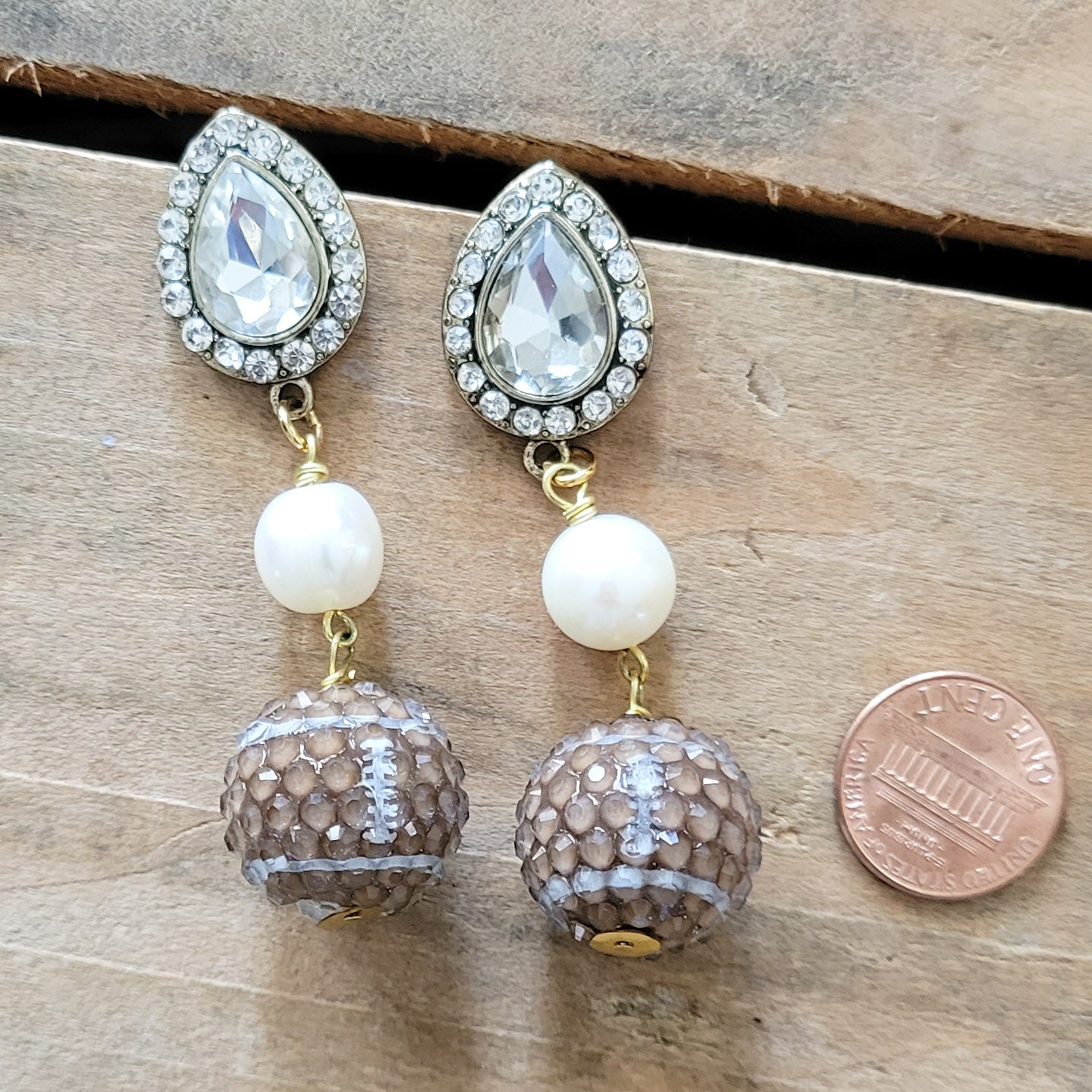 Fancy Fan earrings rhinestones, bubble footballs and freshwater pearls