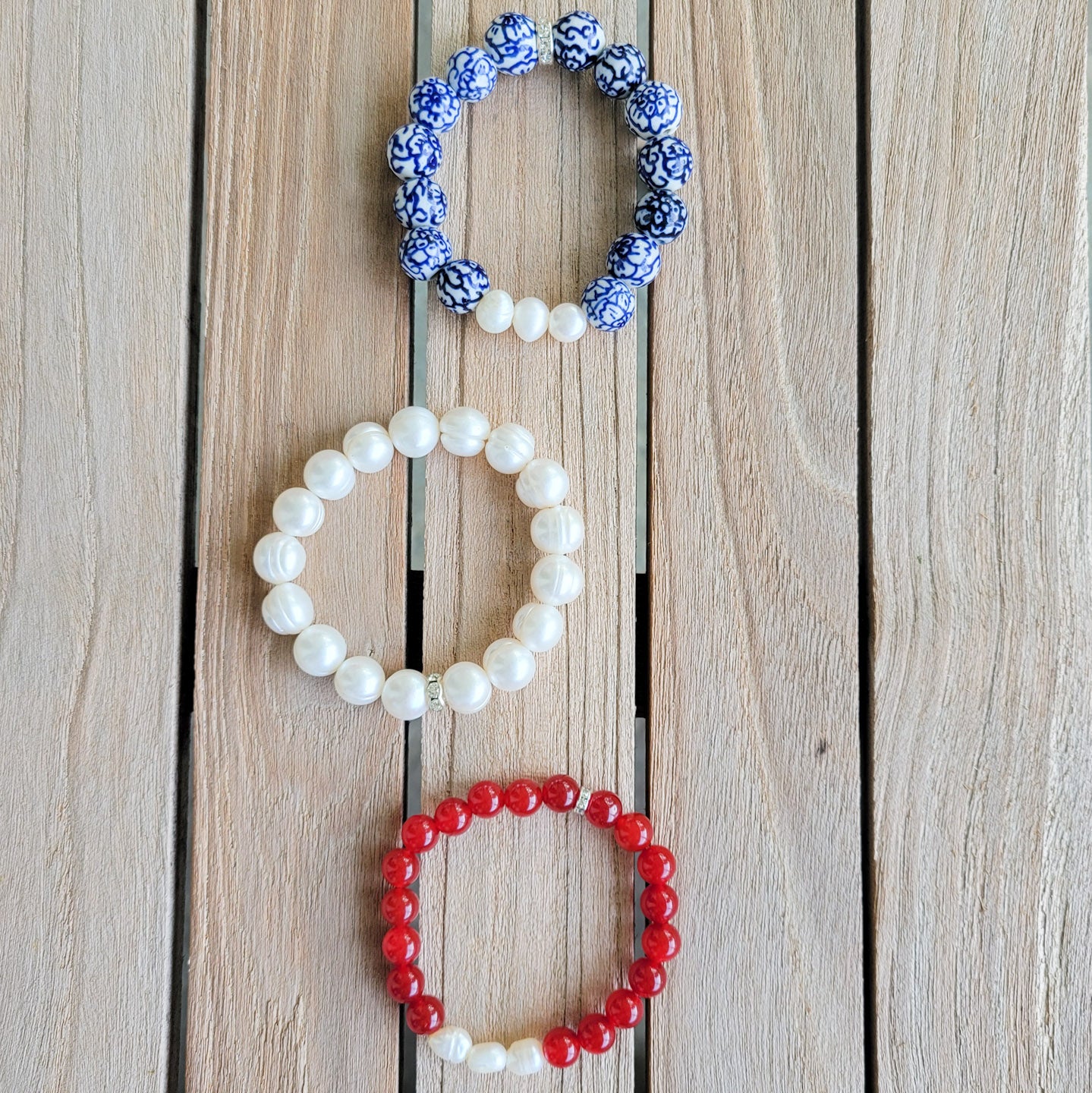 Freshwater Pearls and Gemstones - Red, White and Blue
