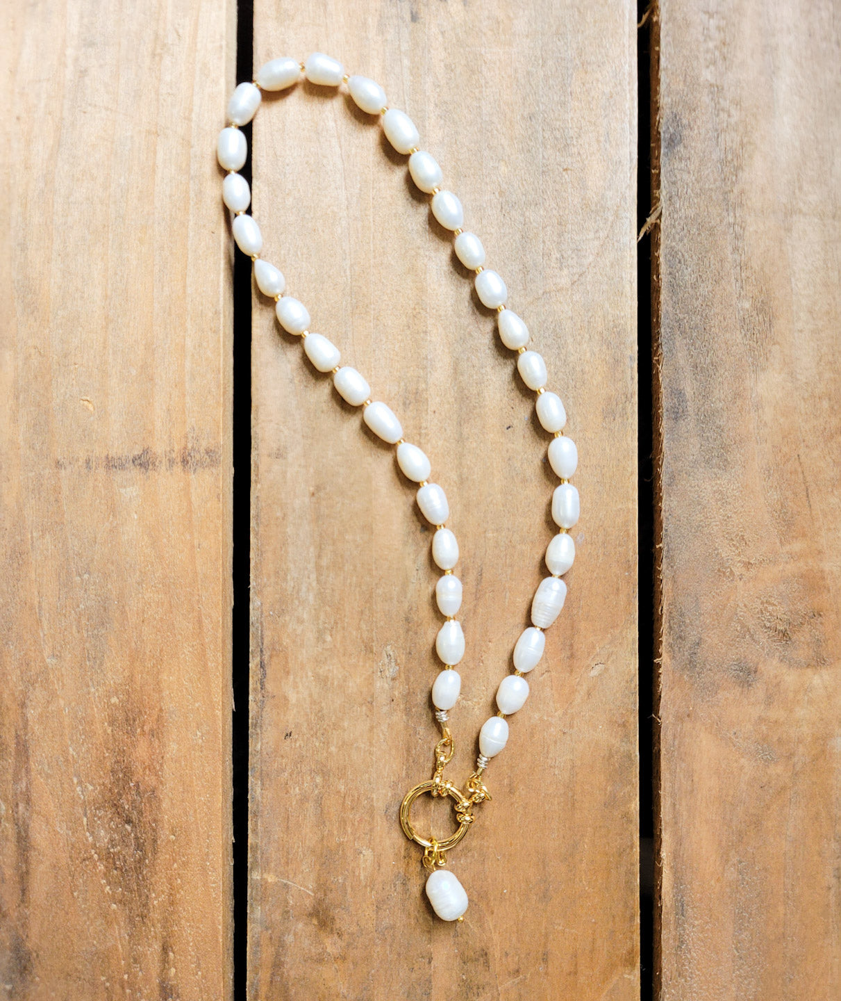 6-8mm freshwater rice pearls gold-filled charm clasp; fw pearl charm necklace
