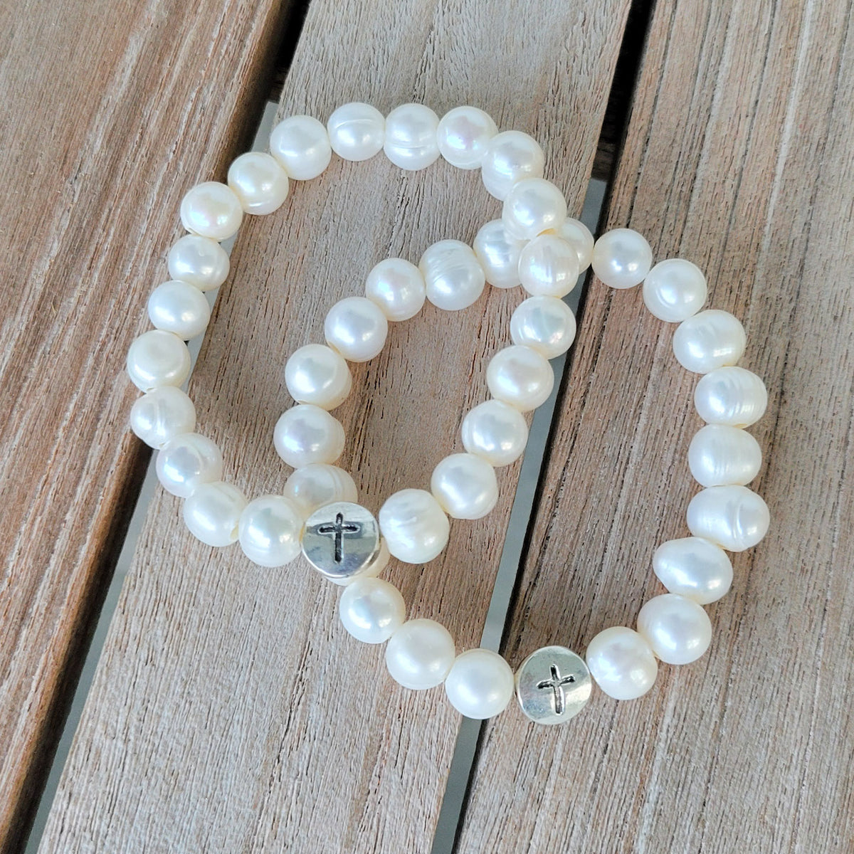 8mm freshwater pearls stainless cross bead stretch bracelet