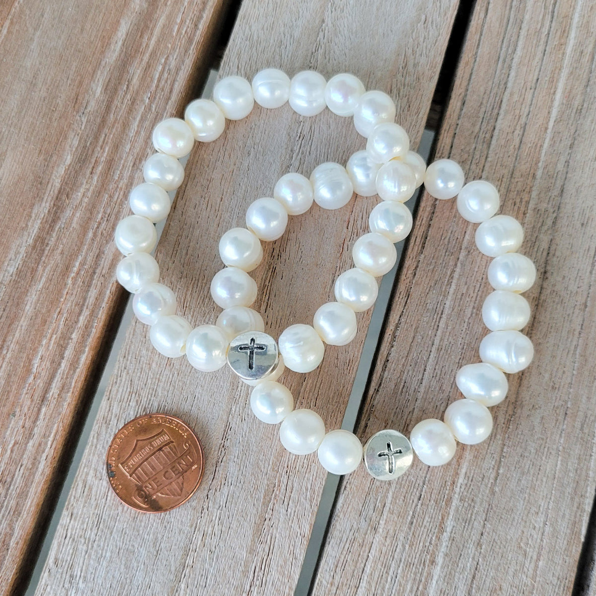 8mm freshwater pearls stainless cross bead stretch bracelet