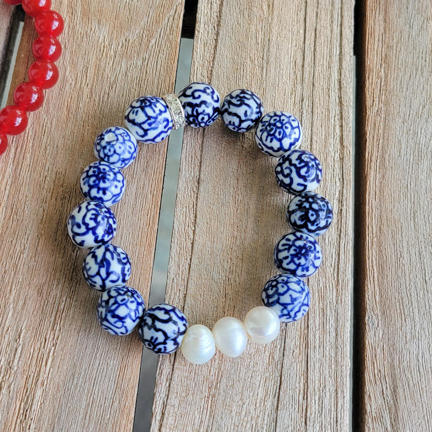 Freshwater Pearls and Gemstones - Red, White and Blue
